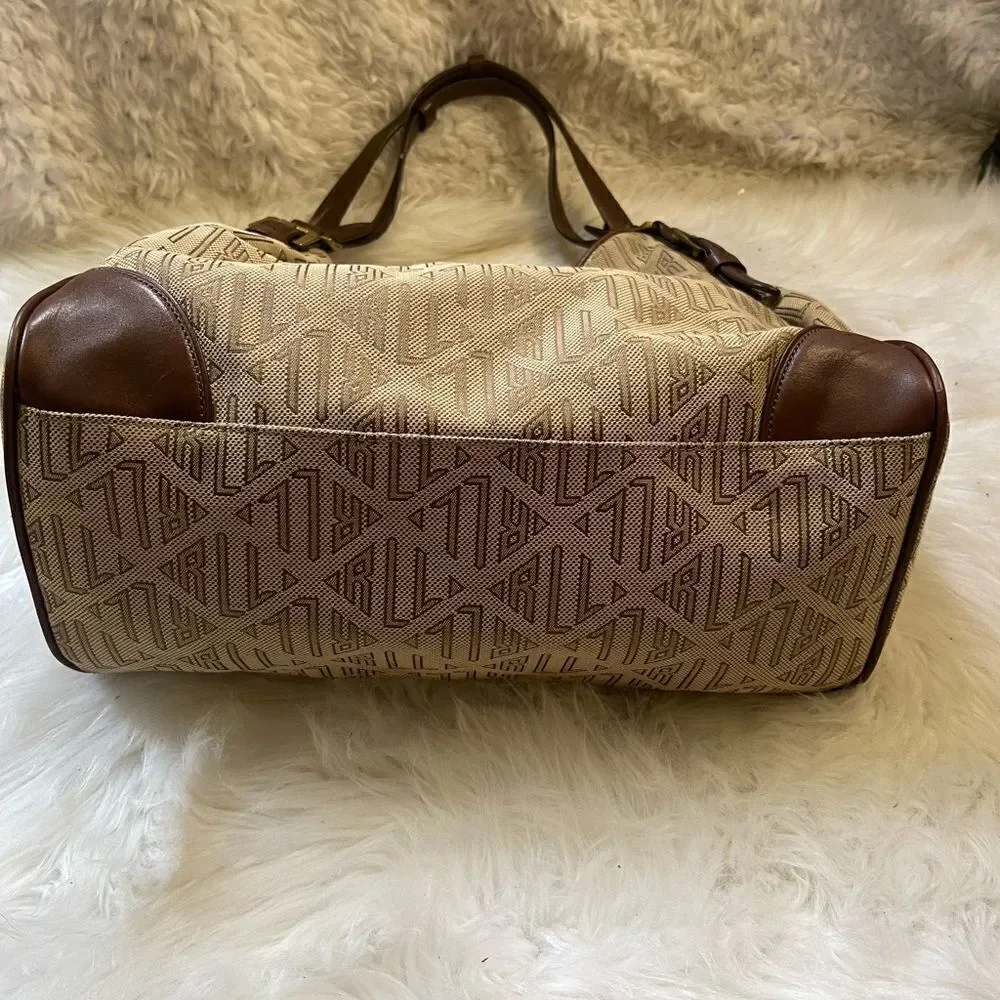 Ralph Lauren Logo Canvas khaki&brown Hobo Bag leather brown straps brass accents